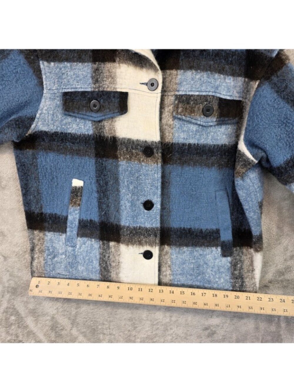 Zara Jacket Womens M Blue Plaid Wool Flannel Oversized Button Front Collared - Picture 9 of 9